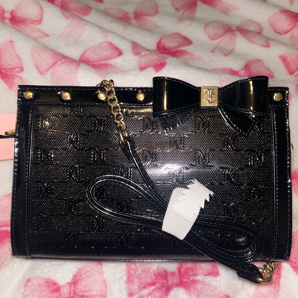 Juicy Couture Black Patent Bow-Accent Crossbody Clutch